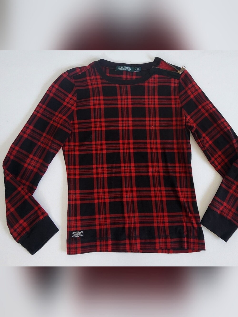 Lauren Ralph Lauren Red and Black Plaid Long Sleeve Tee with Shoulder Zip